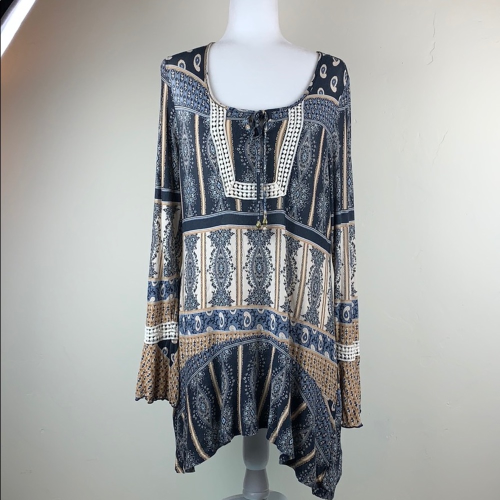 One World Boho Tunic top with Crochet Lace Trim